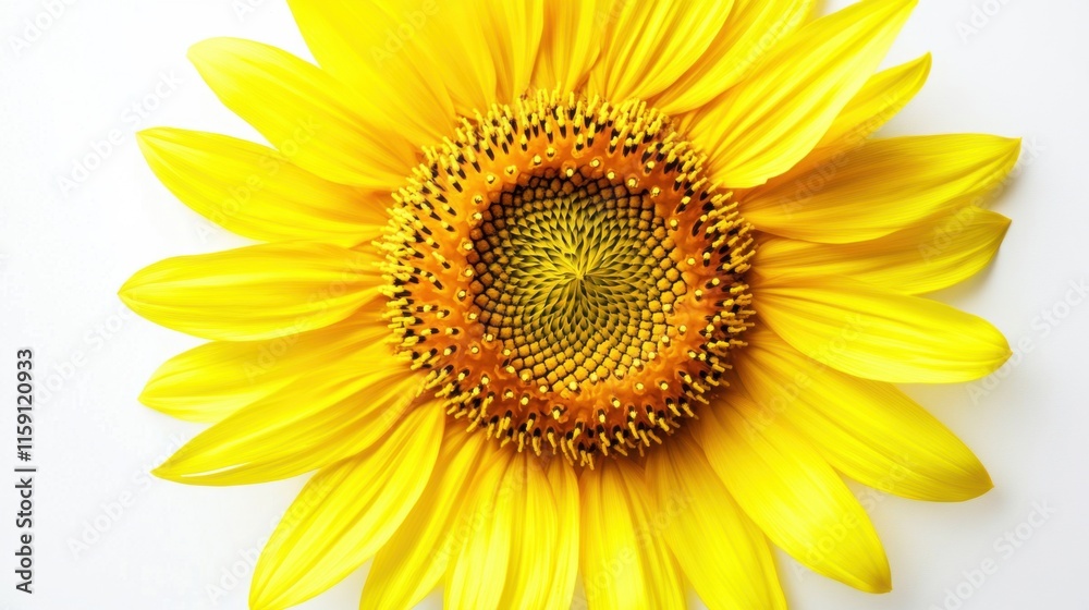 A detailed shot of a yellow sunflower with its intricate center and bright petals, isolated white background, minimalistic art style A detailed shot of a yellow sunflower with its intricate center and bright petals, isolated white background, minimalistic art style