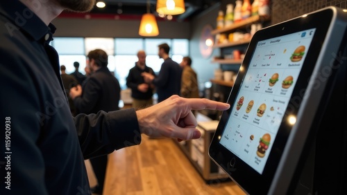 A person is using a touch screen kiosk to order food in a restaurant. Concept of self-service ordering.