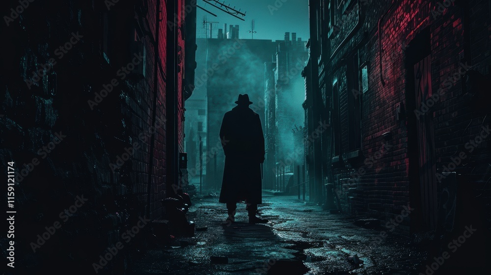 Mysterious Crime Thriller Book Cover with Shadowy Figure in Dark Alley Mysterious Crime Thriller Book Cover with Shadowy Figure in Dark Alley