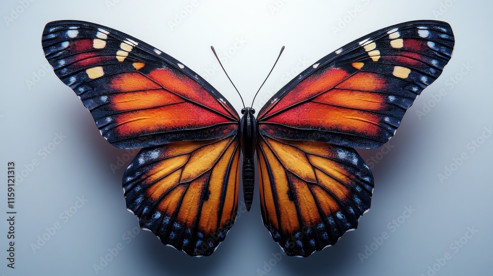 Fototapeta premium Vivid orange butterfly with black stripes on a light grey background.