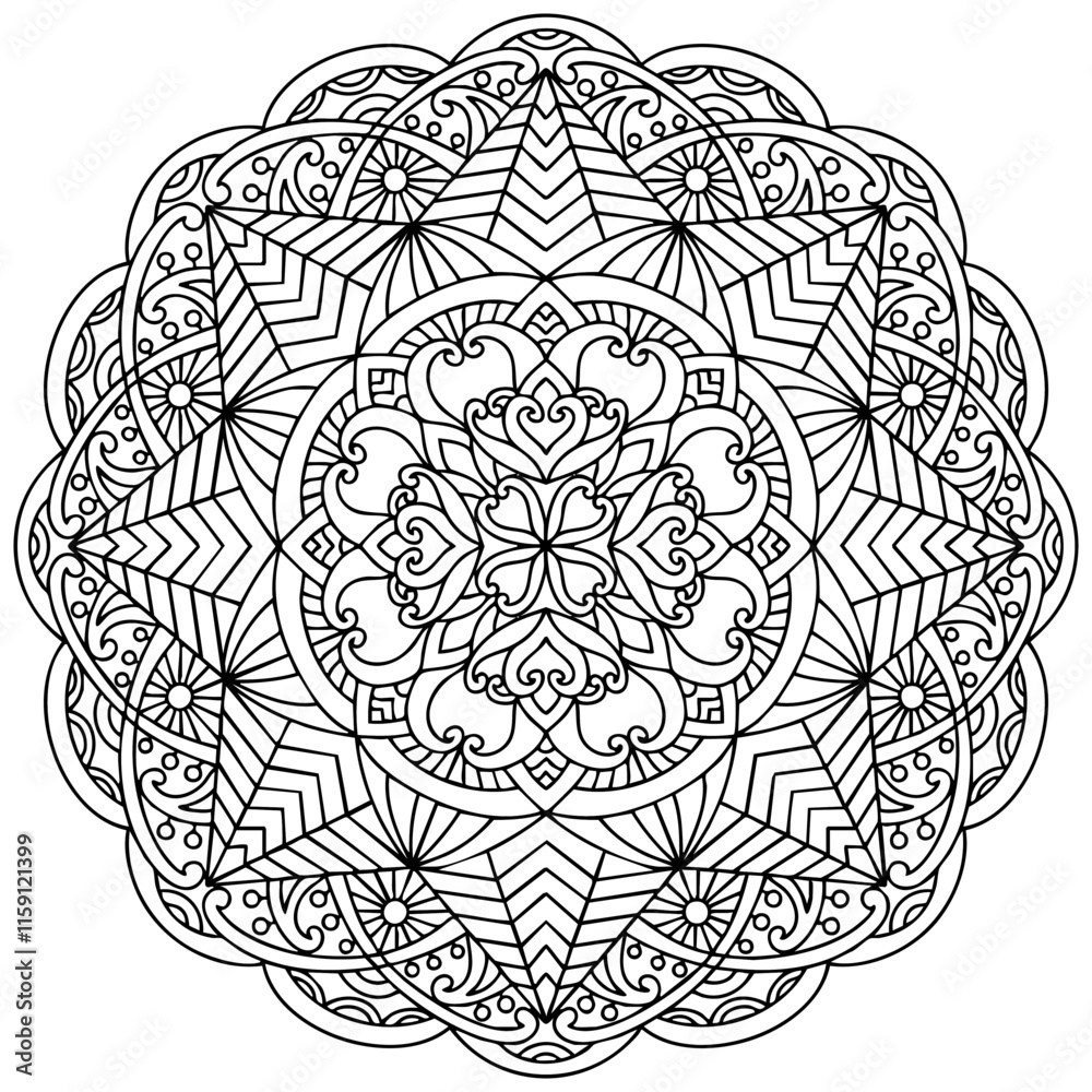 Fototapeta premium Coloring page 404, hand drawn, vector. Mandala 347, ethnic, swirl pattern, object isolated on white background.