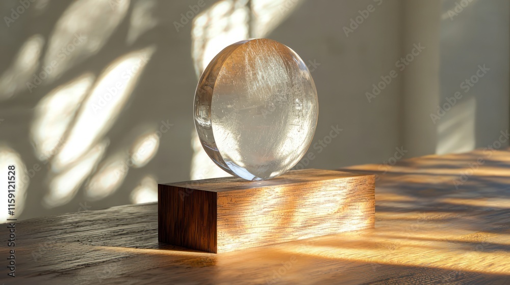 Obraz premium Clear glass disc on wooden base, sunlight.