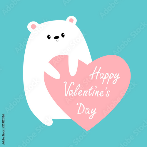 Happy Valentines Day. White polar bear holding big pink heart. Kawaii head face. Cute cartoon funny animal character. Love card. Childish style. Flat design. Isolated. Blue background. Vector