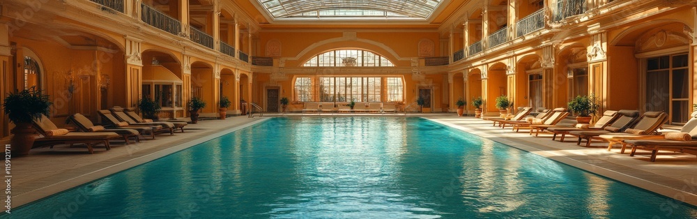 Obraz premium Luxurious Indoor Swimming Pool Area with Lounge Chairs and Elegant Lighting