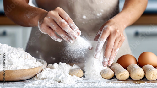 A woman's hands expertly kneading dough on a countertop, surrounded by flour and baking essential