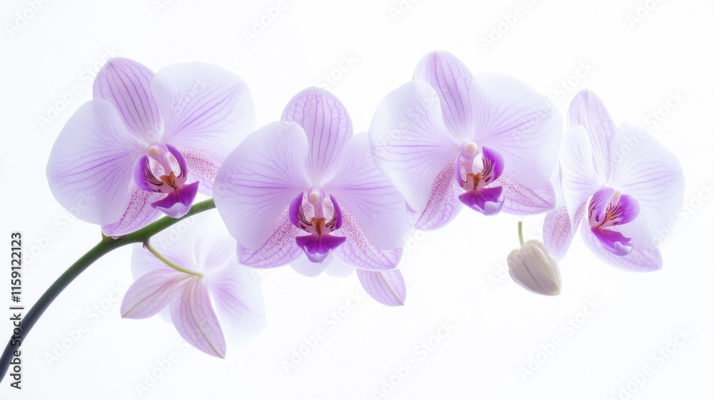 A detailed shot of delicate orchid blooms with their purple and white petals, isolated white background, minimalistic art style A detailed shot of delicate orchid blooms with their purple and white petals, isolated white background, minimalistic art style