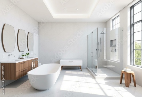 Modern bathroom interior with freestanding tub and walk-in shower