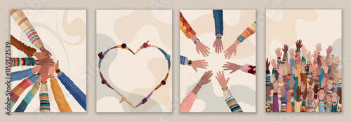 Volunteer people group concept magazine flyer booklet editable template. Raised hand. Multicultural people holding hands