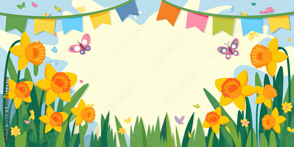 Springtime Daffodils Butterflies Bunting Banner Floral Background Springtime Daffodils Butterflies Bunting Banner Floral Background