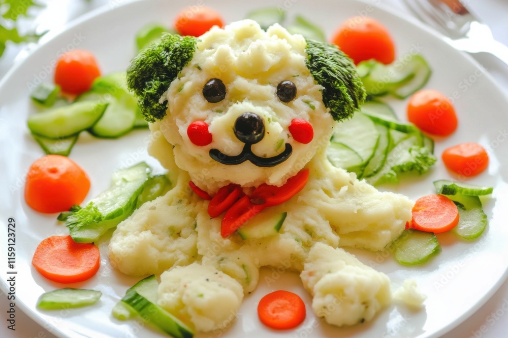 Creative puppy-shaped mashed potato dish garnished with colorful vegetables for a playful dining experience Creative puppy-shaped mashed potato dish garnished with colorful vegetables for a playful dining experience