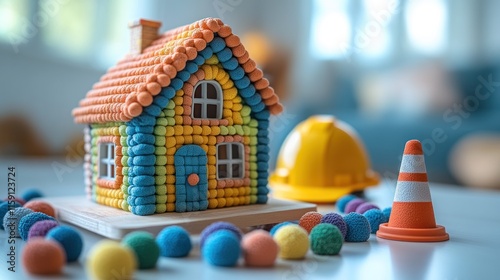 Colorful model house with construction hat and cone. photo