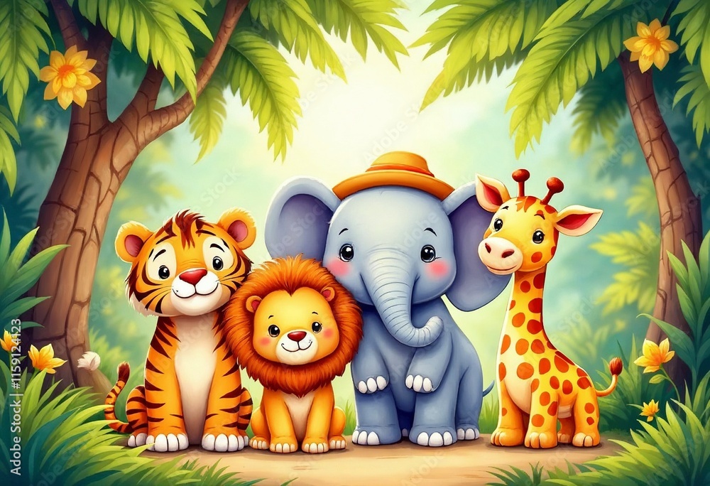 Obraz premium Cute cartoon jungle animals in a group portrait with a tropical forest background. 