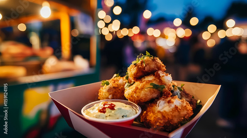 Crispy crab cakes served in a takeout box with dipping sauce at a vibrant night market
