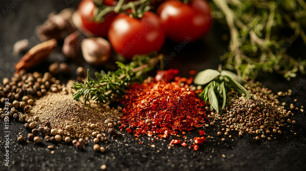 Fototapeta premium Bright red spices and fresh herbs arranged with cherry tomatoes on a black surface. 
