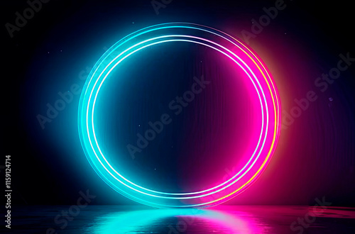 Abstract background, neon circles of gradient glow with reflection, in two planes