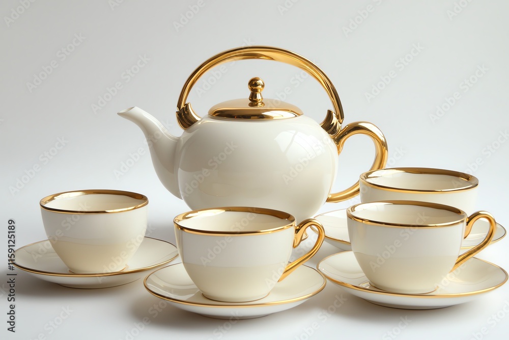 Fine bone china tea service set, gold rim details, teapot with matching cups and saucers, bright white studio background, elegant composition Fine bone china tea service set, gold rim details, teapot with matching cups and saucers, bright white studio background, elegant composition