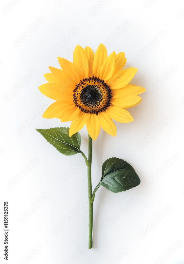 Obraz premium Bright sunflower with green leaves on a plain white background capturing the beauty of nature in full bloom