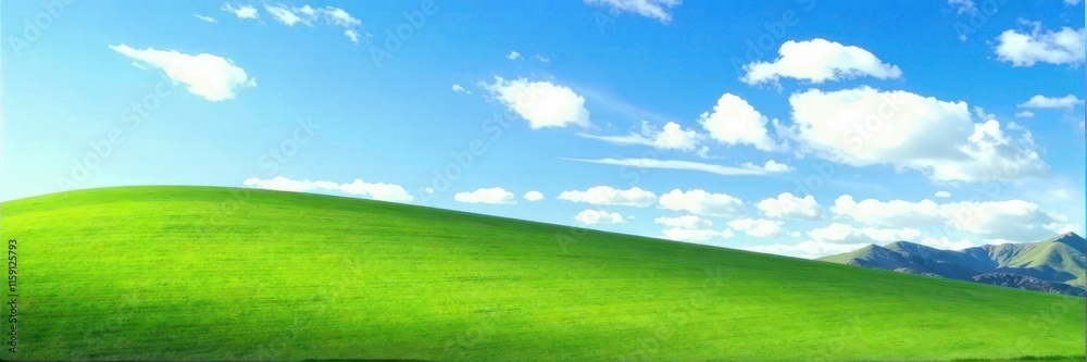 Rolling hills of emerald grass under a vast, clear blue sky dotted with cumulus clouds , countryside, wide Rolling hills of emerald grass under a vast, clear blue sky dotted with cumulus clouds , countryside, wide