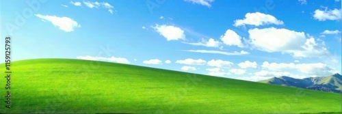 Rolling hills of emerald grass under a vast, clear blue sky dotted with cumulus clouds , countryside, wide