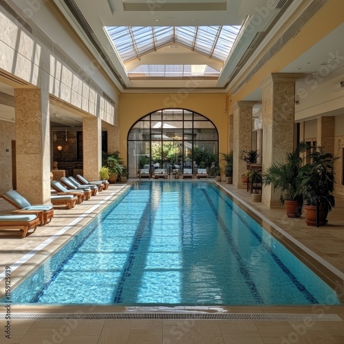 Luxurious Indoor Swimming Pool Area with Lounge Chairs and Elegant Lighting