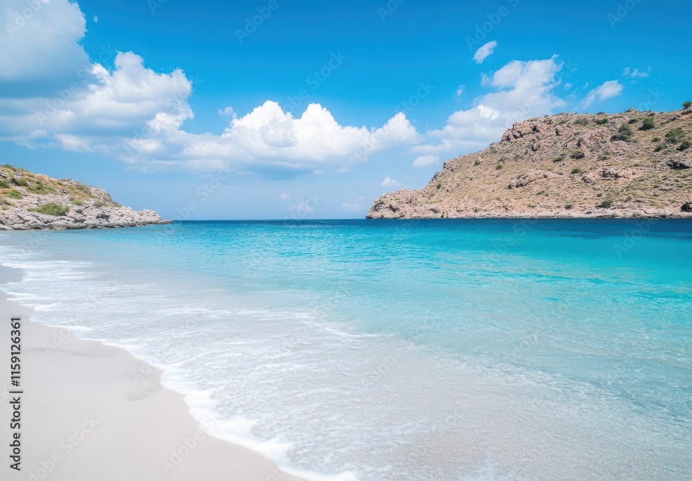 Serene Tropical Beach Scene with Crystal Clear Water, Soft Sand, and Scenic Rocky Cliffs Under a Bright Blue Sky with Fluffy White Clouds Serene Tropical Beach Scene with Crystal Clear Water, Soft Sand, and Scenic Rocky Cliffs Under a Bright Blue Sky with Fluffy White Clouds