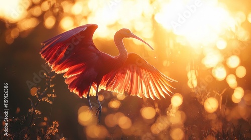 Scarlet ibis in flight at sunset, wings spread wide. photo