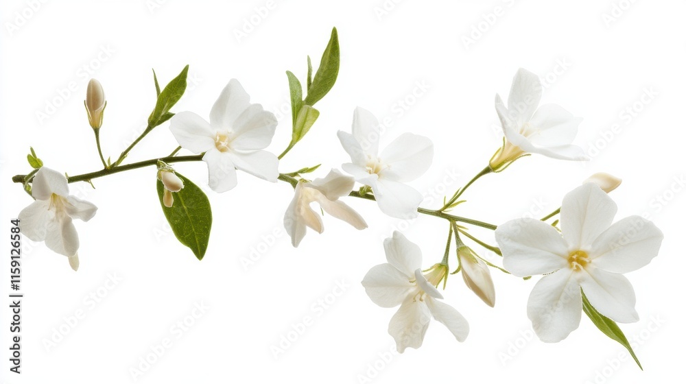 Fototapeta premium A detailed view of a blooming white jasmine with its small, fragrant flowers, isolated white background