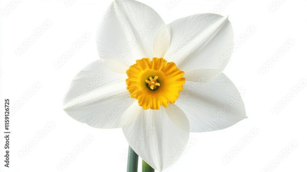 Obraz premium A detailed view of a blooming white narcissus with a yellow center, isolated white background, minimalistic art style