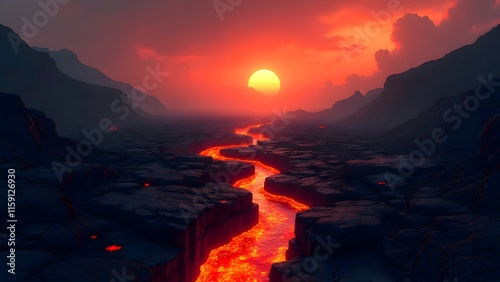 Lava River Sunset Dramatic Volcanic Landscape Fiery Sky
