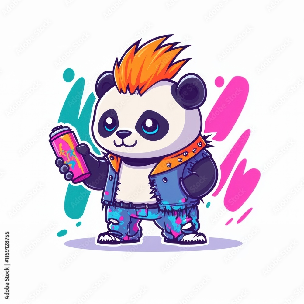 Naklejka premium A cute panda character with a punk style, holding a drink can.