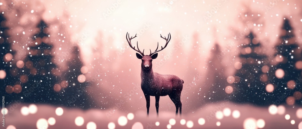 Majestic deer standing in a snowy forest surrounded by a magical winter landscape with soft bokeh lights and falling snowflakes Majestic deer standing in a snowy forest surrounded by a magical winter landscape with soft bokeh lights and falling snowflakes