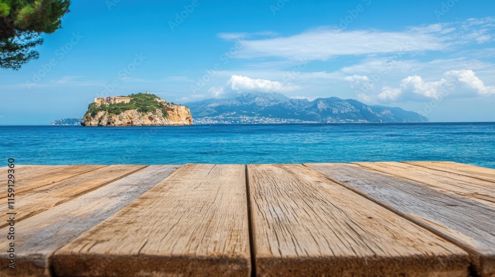 Serene Coastal View with Wooden Deck and Island Background Serene Coastal View with Wooden Deck and Island Background