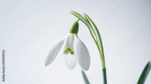 A detailed view of a white snowdrop flower with its delicate bell shape, isolated white background, minimalistic art style
