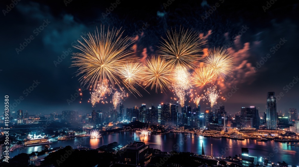 Fototapeta premium A dramatic display of fireworks lighting up the night sky over a city skyline, aerial shot, Festive style