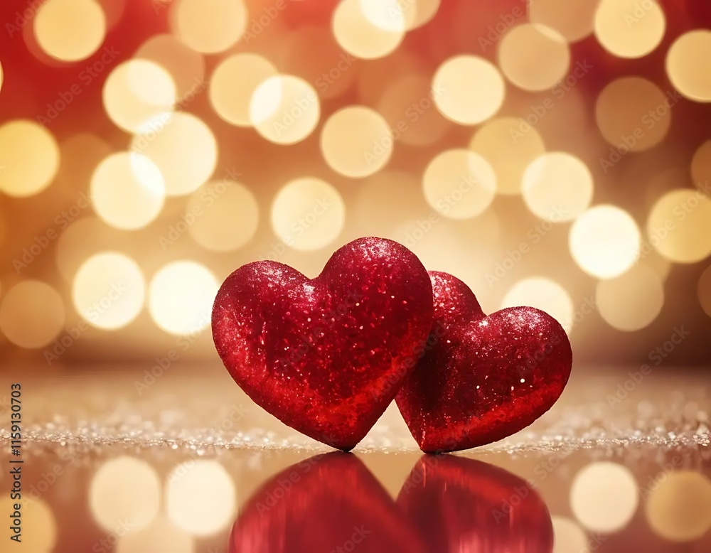 Obraz premium Two Red Glittery Hearts Romantic Valentine Background