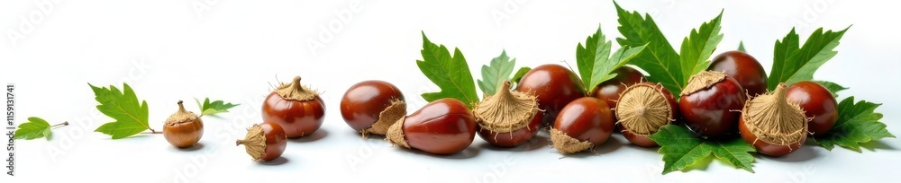 Group of chestnuts nestled amongst leaves, white backdrop , fall, detail Group of chestnuts nestled amongst leaves, white backdrop , fall, detail