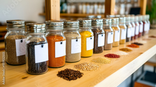 A vibrant display of assorted spices in glass jars, neatly arranged on a wooden shelf, showcasing a variety of colors and textures.