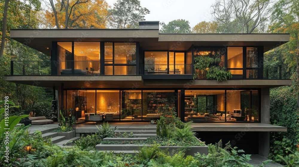 Modern luxury house illuminated at dusk, nestled in lush greenery. Modern luxury house illuminated at dusk, nestled in lush greenery.
