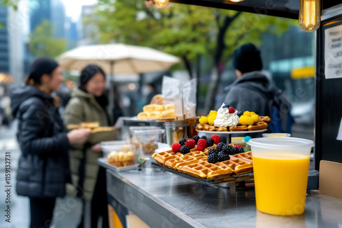 A vibrant street food scene featuring waffles topped with fresh fruits and a large drink, with customers enjoying the bustling atmosphere.