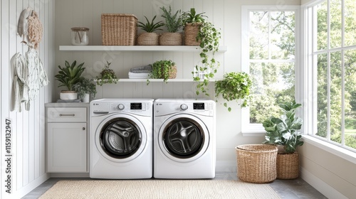 Laundry Room with Modern Top-Load Washing Machine, Minimal and Functional Design