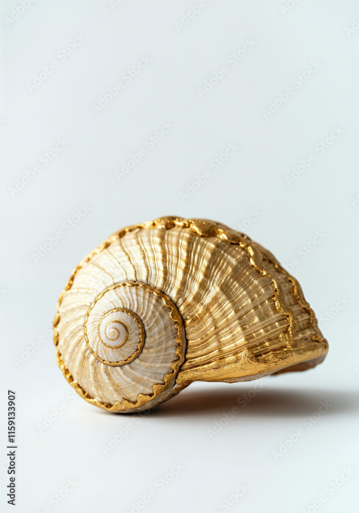 Partially gold-plated seashell on a minimalist white background, evoking luxury, elegance, and unique marine-inspired decor Partially gold-plated seashell on a minimalist white background, evoking luxury, elegance, and unique marine-inspired decor