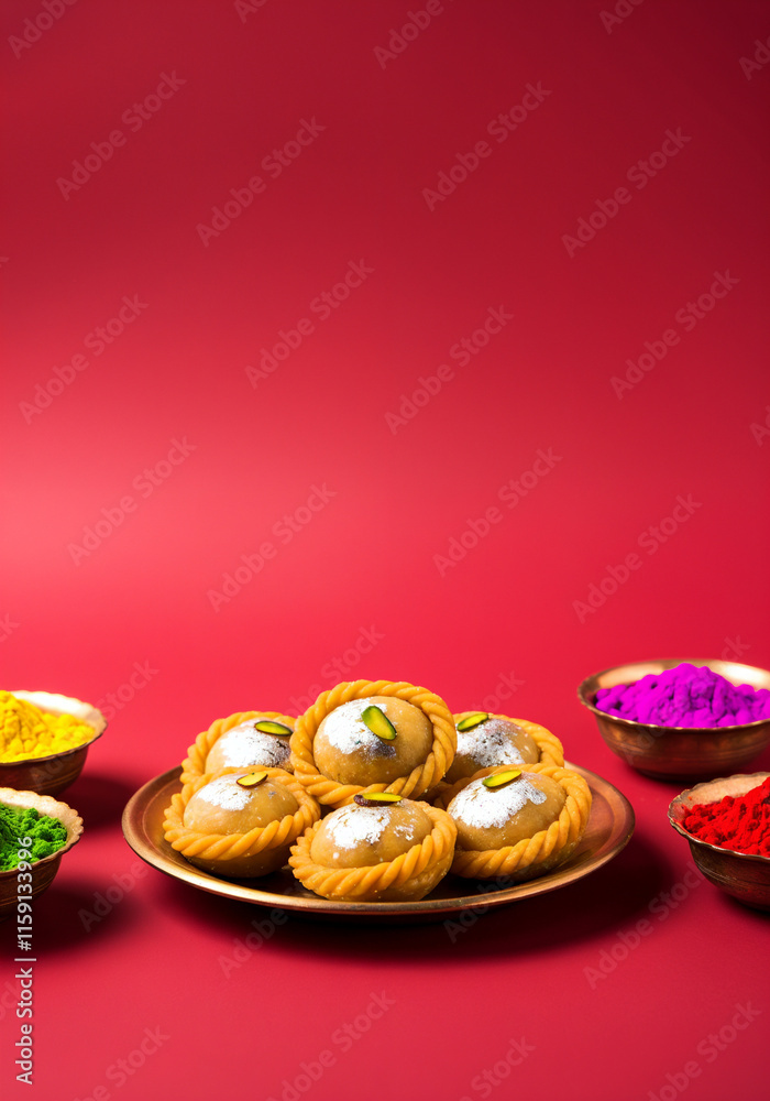 Pedha, a traditional indian sweet, served on a plate with vibrant gulal colors, celebrating the joyous festival of holi Pedha, a traditional indian sweet, served on a plate with vibrant gulal colors, celebrating the joyous festival of holi