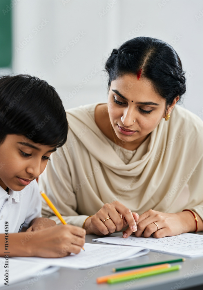 Indian teacher assisting young student with schoolwork, providing guidance and support in classroom setting Indian teacher assisting young student with schoolwork, providing guidance and support in classroom setting