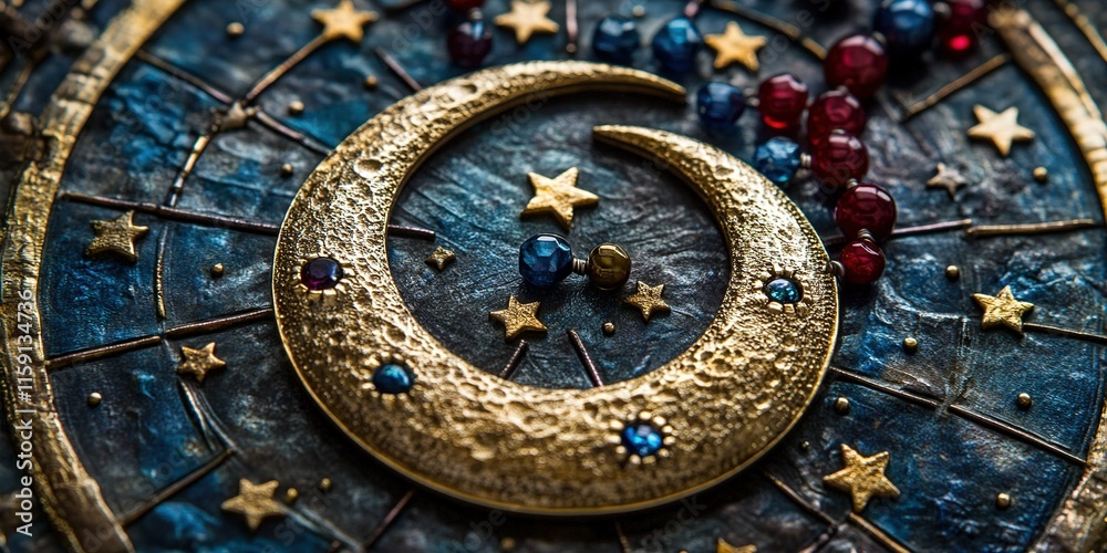 Obraz premium Detailed depiction of a celestial-themed design featuring a crescent moon and stars with colored beads