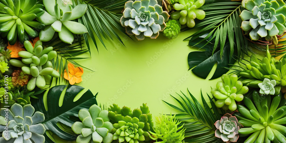 Fototapeta premium Lush Green Succulents Tropical Leaves Frame on Lime Background