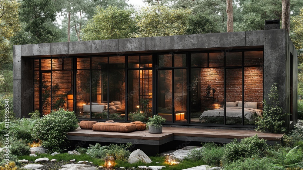 Fototapeta premium Modern cabin nestled in woods with glass walls and deck.