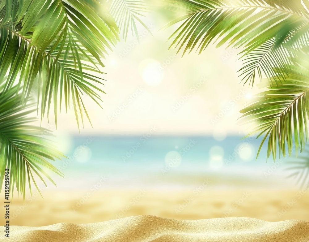 Tranquil Beach Scene with Lush Tropical Foliage Framing a Serene Ocean Horizon Under a Soft Golden Sunlight and Gentle Waves Exploring the Sandy Shoreline Tranquil Beach Scene with Lush Tropical Foliage Framing a Serene Ocean Horizon Under a Soft Golden Sunlight and Gentle Waves Exploring the Sandy Shoreline