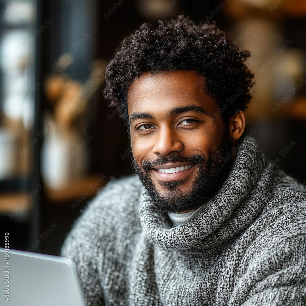 African American businessman sitting at a table in a cozy cafe with a laptop, and a productive work session African American businessman sitting at a table in a cozy cafe with a laptop, and a productive work session