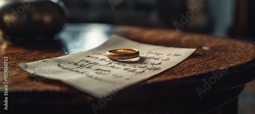 Elegant Gold Ring on Wooded Surface with Handwritten Note: Symbol of Emotional Storytelling photo