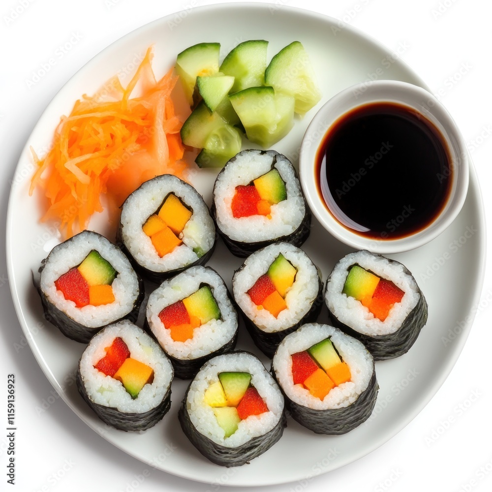 Delicious vegetarian sushi rolls with assorted vegetables, soy sauce, and cucumber. Delicious vegetarian sushi rolls with assorted vegetables, soy sauce, and cucumber.